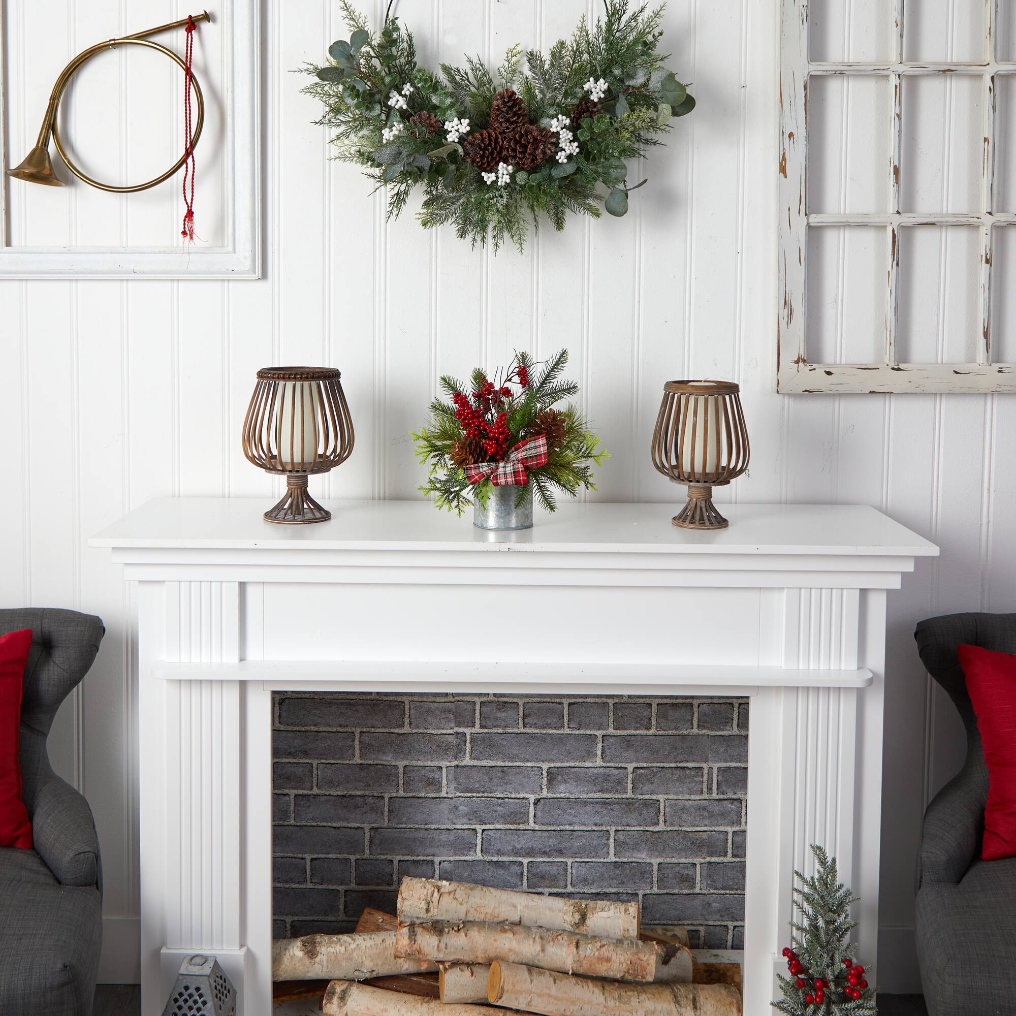 12" Holiday Winter Pinecones, Berries, Greenery & Plaid Bow Arrangement